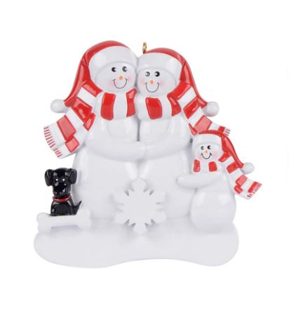 Snowman Family of 3 with Black Dog